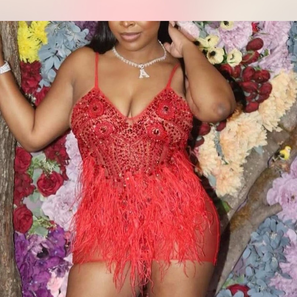 Red Beaded Feather Dress